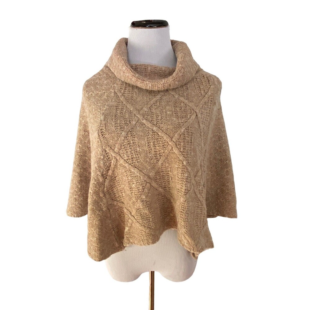 Womens Wool Blend Knit Poncho One Size Tan Cowl Neck Cozy Italy Boho Chic Layers